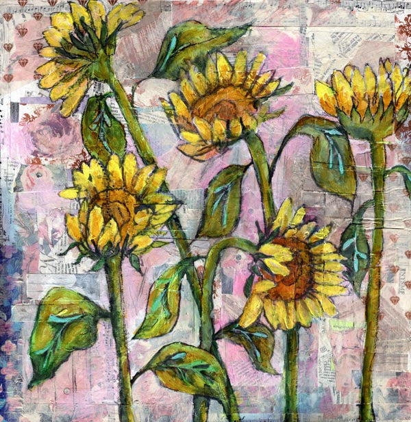 Pink Sunflower Sunset, Original Mixed Media Art 20x20"